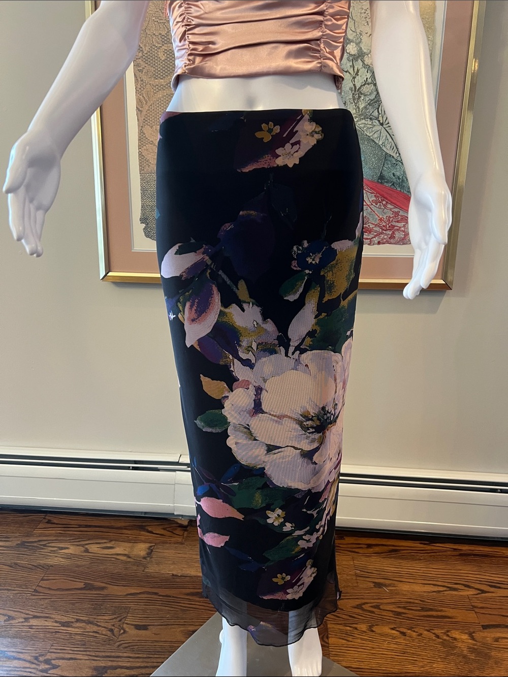Aqua Black Maxi Skirt with Pink and Green Floral Print